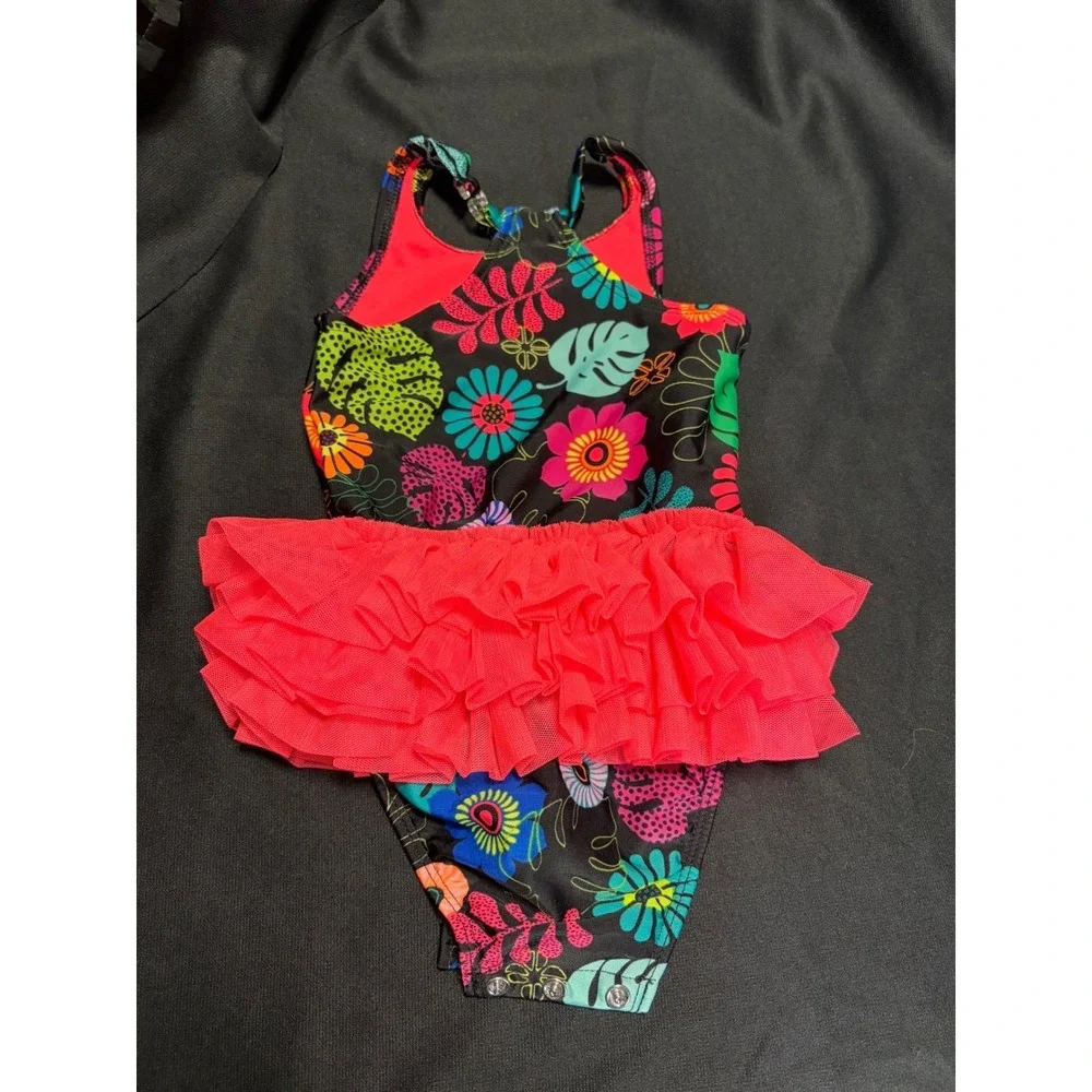 Cat & Jack Baby Girls 18M Floral Tutu One Piece Swimsuit Black Neon Ruffle